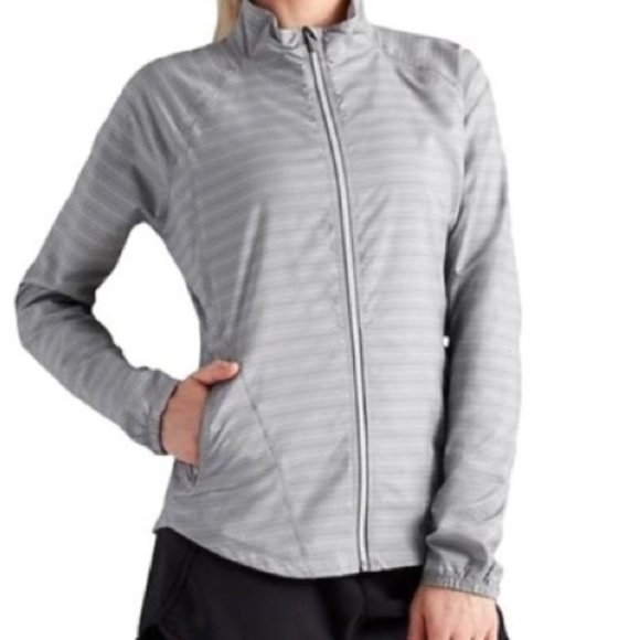 Athleta Rain Run Gray Stripe Jammin Cinch Reflective Jacket Coat - Picture 1 of 6